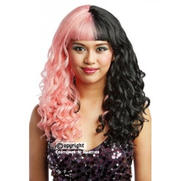 WAVY O' CURL WIG WITH BANGS - HALF PINK AND BLACK