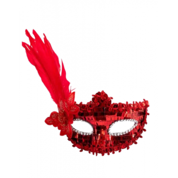 Sequin Plated Feathered Masquerade Eyemask - Red