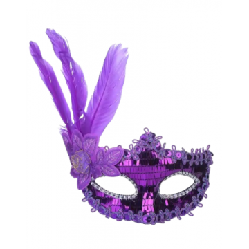 Sequin Plated Feathered Masquerade Eyemask - Purple