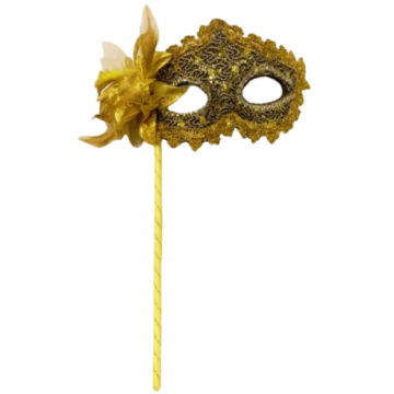 Lace Victorian Mask On Stick - Black/Gold