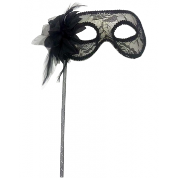 Lace Veil Flower Mask On Stick - Black