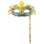 Handheld Rhinestone Metal Masquerade Eyemask - Blue/Gold