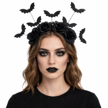 Gothic Black Rose & Glitter Bat Crown Headband