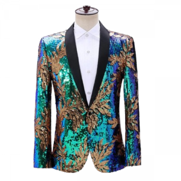 Sequin Blazer Leaf Pattern Ombre Green/Blue