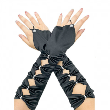 Fingerless Gloves Elegant Satin Rhinestone - Black 30cm