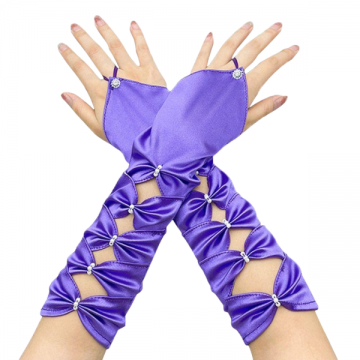Fingerless Gloves Elegant Satin Rhinestone - Purple 30cm