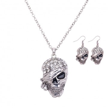 Silver Skull Head Necklace & Earrings Set