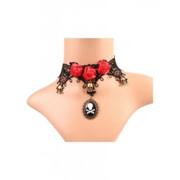 Skull Red Flower Black Lace Choker