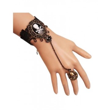 Bracelet With Ring Black Lace Pirate Skull Head