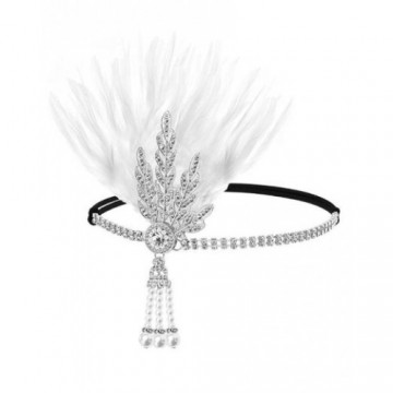 1920s Flapper Headband with Gem - White/Silver