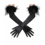 Long Satin Gloves With Feather - Black